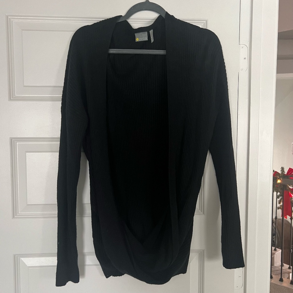 Zella All Day Criss Cross Front Wrap Black Long Sleeve Ribbed Sweater